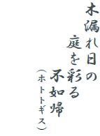 木漏れ日の
　　庭を彩る
　　　　不如帰
　　　　　　（ホトトギス）


