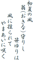 初夏の風
　翁（おきな）守りし　
　　　　　　　　　笹ゆりは
　　　風に揺られて　
　　　　　やまあいに咲く